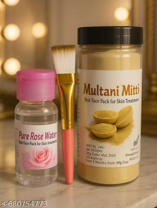 100% Natural Multani Mitti Face Pack Kit | Rose Water + Face Brush | Deep Cleansing & Natural Glow