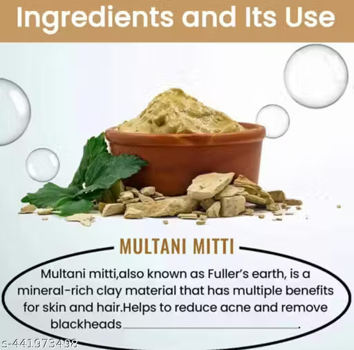 100% Natural Multani Mitti powder, Gulaab jal, Aloe vera gel and brush