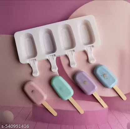4 Cavity Big Oval Silicone Popsicle Ice Cream Cakesicle Moulds Re usable, Pack of 1