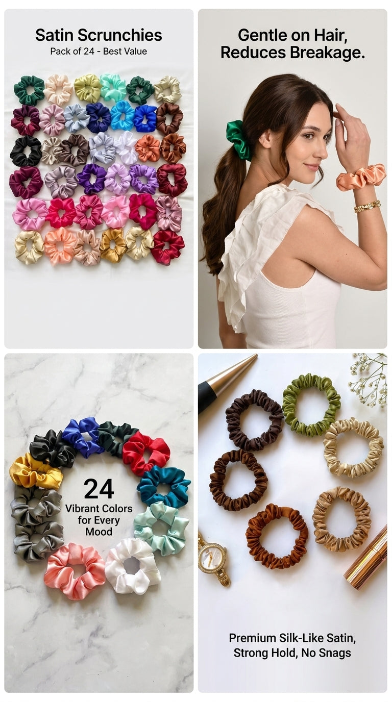 Pack of 24 Premium Satin Silk Scrunchies | Soft Hair Ties for Women & Girls | No Hair Breakage | Multicolor Collection