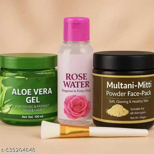 100% Natural Multani Mitti powder, Gulaab jal, Aloe vera gel and brush