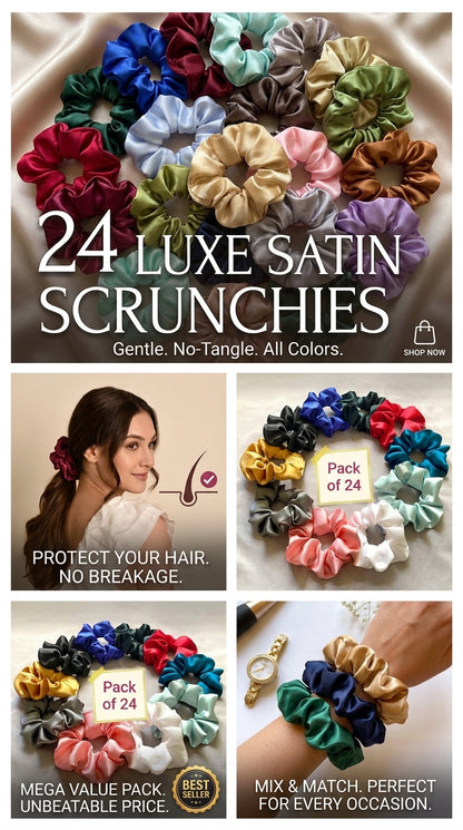 Pack of 24 Premium Satin Silk Scrunchies | Soft Hair Ties for Women & Girls | No Hair Breakage | Multicolor Collection