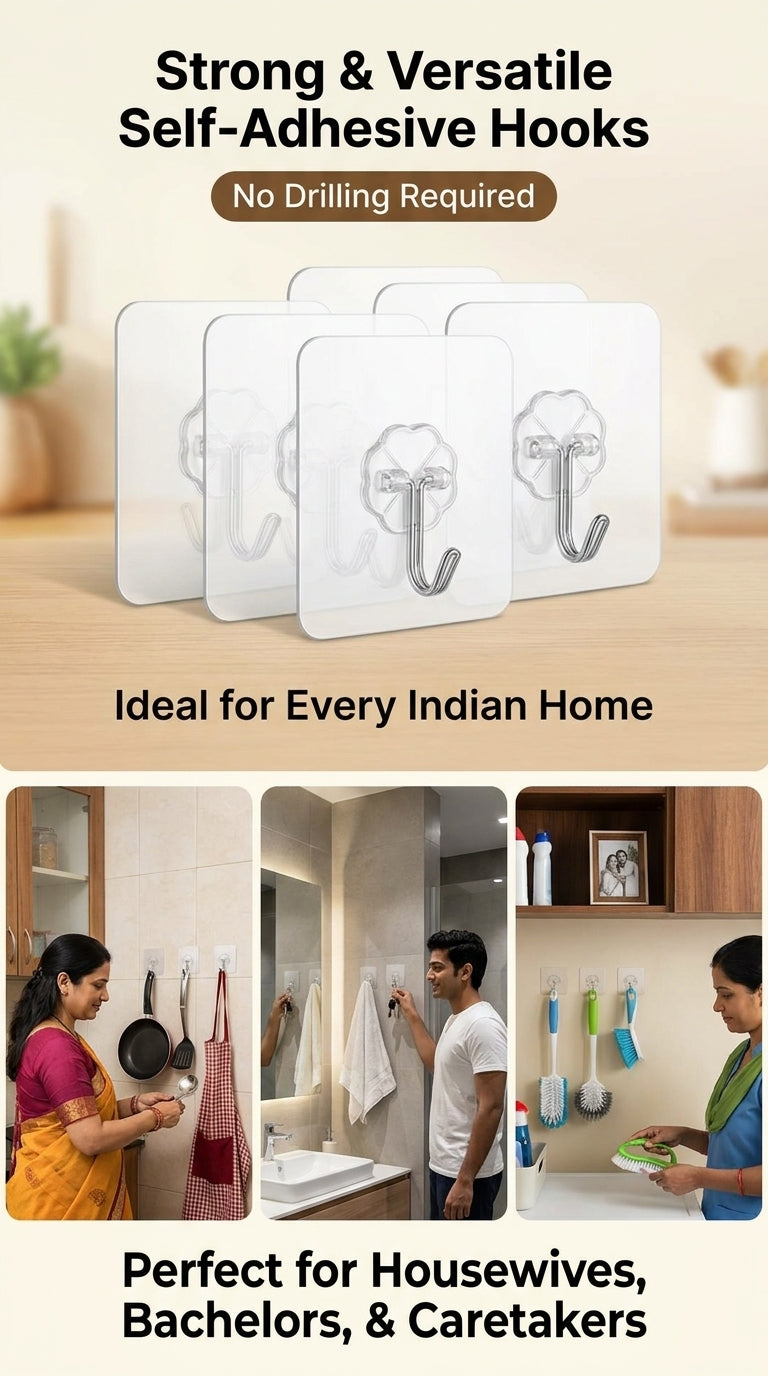 20-Pack Heavy Duty Transparent Adhesive Wall Hooks | No Drill, Waterproof & Reusable Hooks for Kitchen, Bathroom & Home