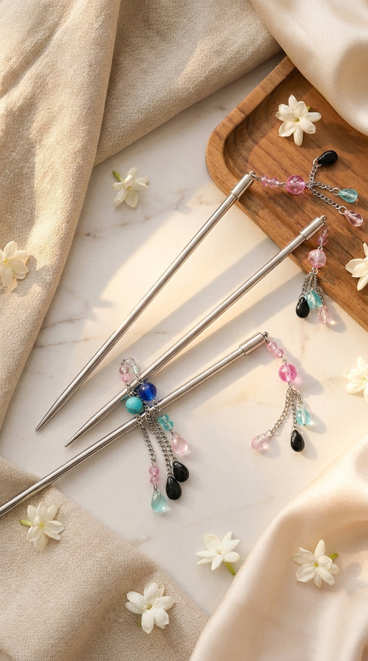 Premium Silver Metal Juda Hair Stick (Pack of 3) | Traditional Bun Pin with Decorative Beads | Elegant Hair Accessory for Women & Girls