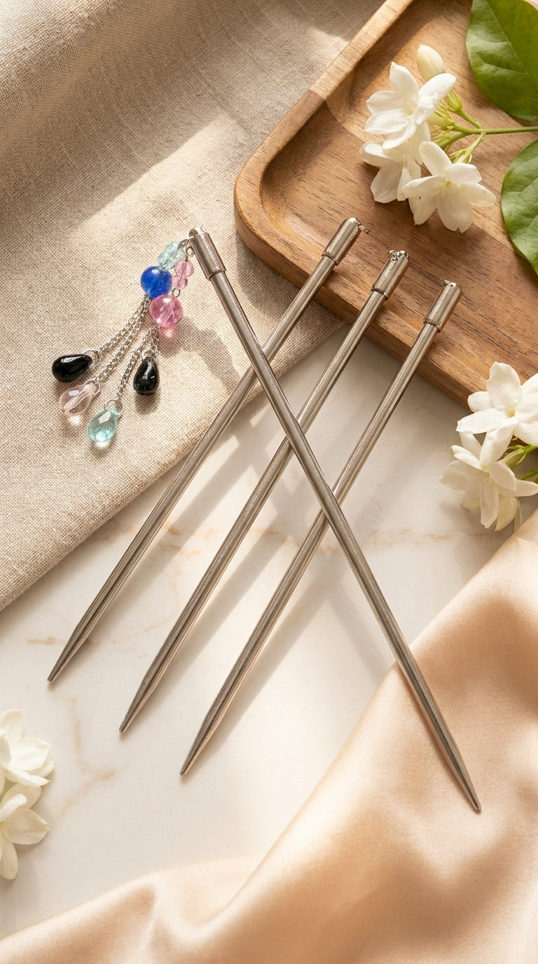 Premium Silver Metal Juda Hair Stick (Pack of 3) | Traditional Bun Pin with Decorative Beads | Elegant Hair Accessory for Women & Girls