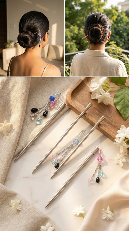 Premium Silver Metal Juda Hair Stick (Pack of 3) | Traditional Bun Pin with Decorative Beads | Elegant Hair Accessory for Women & Girls