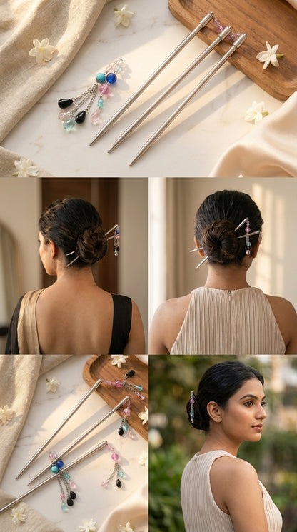 Premium Silver Metal Juda Hair Stick (Pack of 3) | Traditional Bun Pin with Decorative Beads | Elegant Hair Accessory for Women & Girls