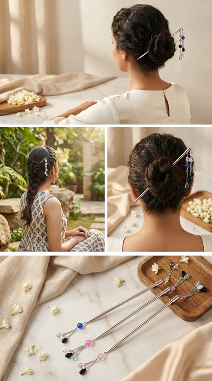 Premium Silver Metal Juda Hair Stick (Pack of 3) | Traditional Bun Pin with Decorative Beads | Elegant Hair Accessory for Women & Girls