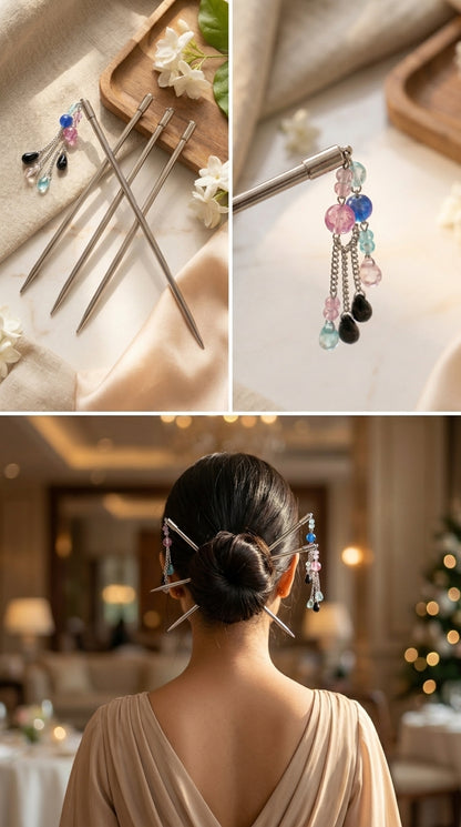 Premium Silver Metal Juda Hair Stick (Pack of 3) | Traditional Bun Pin with Decorative Beads | Elegant Hair Accessory for Women & Girls