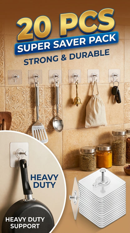 20-Pack Heavy Duty Transparent Adhesive Wall Hooks | No Drill, Waterproof & Reusable Hooks for Kitchen, Bathroom & Home