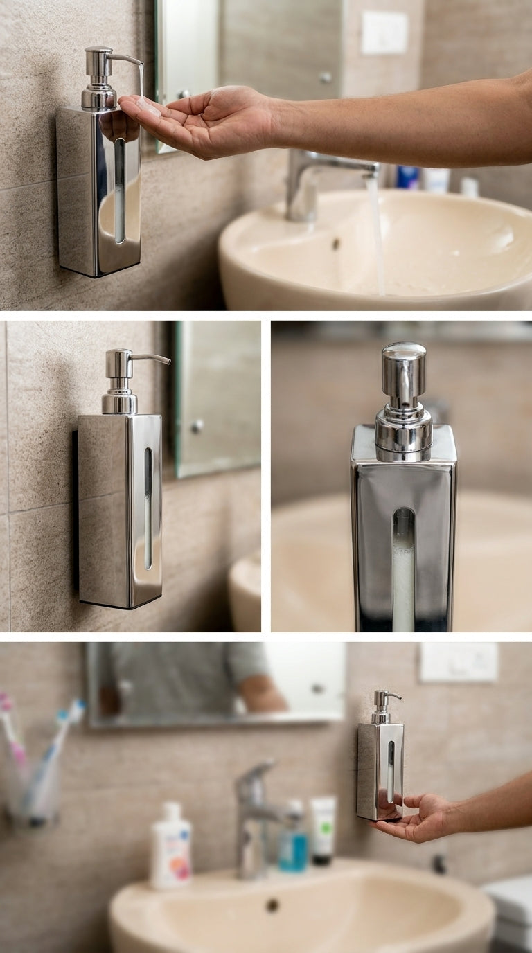 Stainless Steel Wall Mount Soap Dispenser with Holder | Premium Rust-Free Liquid Soap Pump for Bathroom & Kitchen