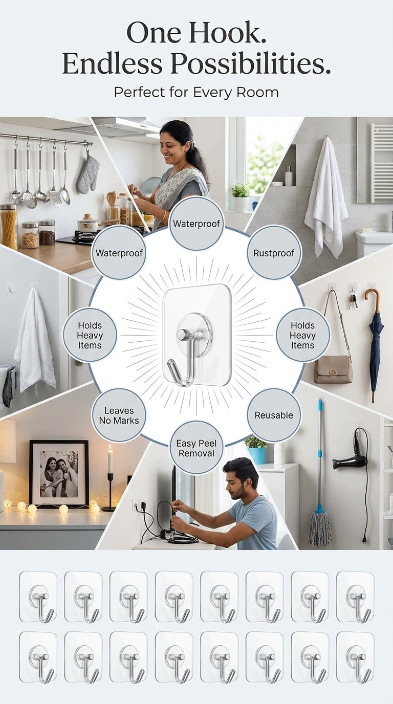 20-Pack Heavy Duty Transparent Adhesive Wall Hooks | No Drill, Waterproof & Reusable Hooks for Kitchen, Bathroom & Home