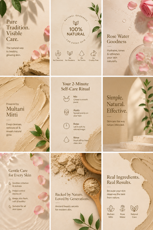 100% Natural Multani Mitti Face Pack Kit | Rose Water + Face Brush | Deep Cleansing & Natural Glow