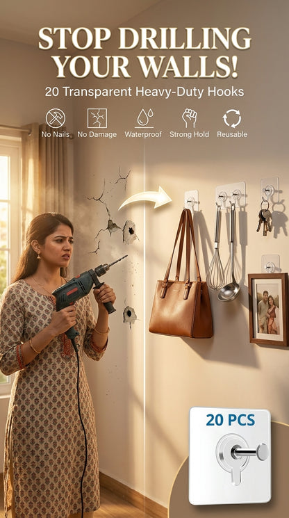 20-Pack Heavy Duty Transparent Adhesive Wall Hooks | No Drill, Waterproof & Reusable Hooks for Kitchen, Bathroom & Home