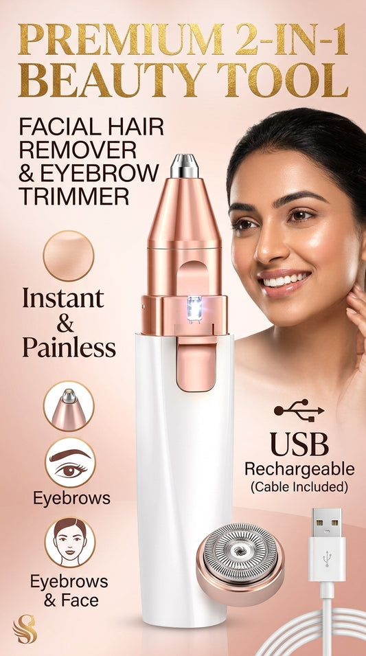 2-in-1 Rechargeable Facial Hair Remover & Precision Eyebrow Trimmer for Women | USB Charging | Painless Hair Removal
