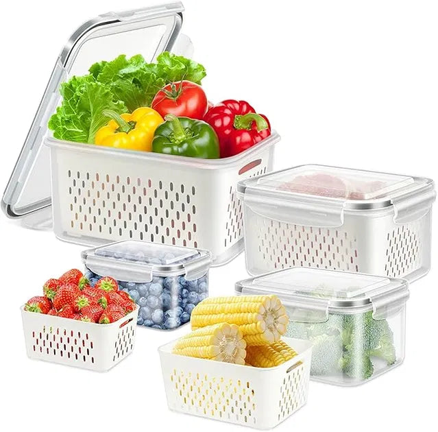 [PACK OF 4] Refrigerator Storage Containers Boxes with Airtight Lid/Kitchen Fridge Organizers for Fruits & Vegetables