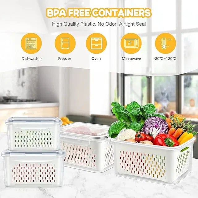 [PACK OF 4] Refrigerator Storage Containers Boxes with Airtight Lid/Kitchen Fridge Organizers for Fruits & Vegetables