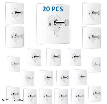 20-Pack Heavy Duty Transparent Adhesive Wall Hooks | No Drill, Waterproof & Reusable Hooks for Kitchen, Bathroom & Home